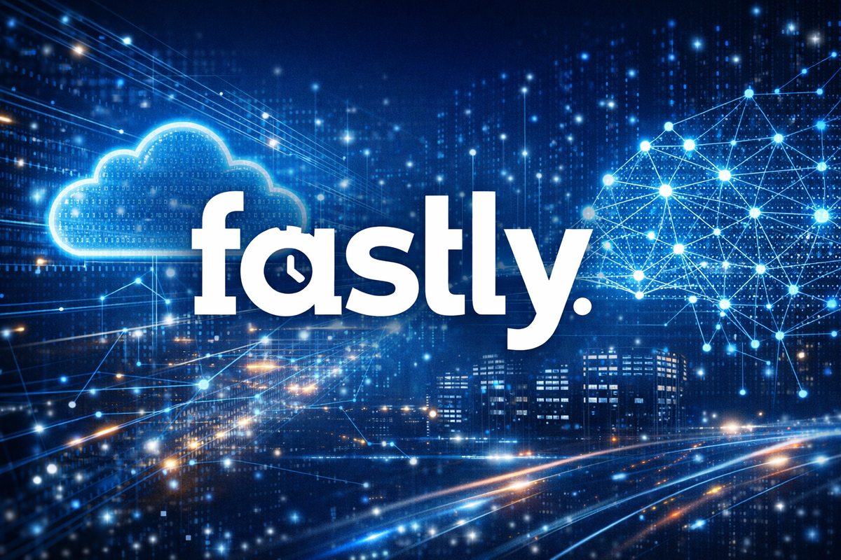 Ai Generated Image | Fastly logo displayed over a digital network background, representing cloud infrastructure and AI-driven web traffic growth.